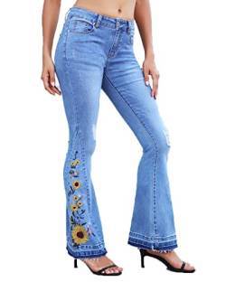 Bell Bottom Jeans für Frauen Ausgestellte Blumen Stickerei Jeans Weites Bein Denim Hose, Daisy, 42 von Lisskolo