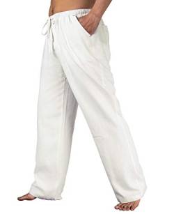 Herren Kordelzug, lockere Leinenhose, leicht, elastische Taille, Yoga, Lounge, Baumwollhose - Weiß - Groß von Lisskolo