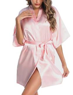 Litherday Bademantel Damen Sexy Morgenmantel Satin Kimono Kurz Nachthemd Nachtwäsche mit Sleepwear Robe mit Gürtel Einfarbiger Braut S-XXL,Rosa,S von Litherday