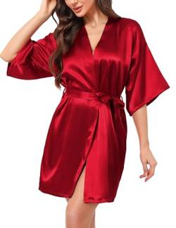 Litherday Bademantel Damen Sexy Morgenmantel Satin Kimono Kurz Nachthemd Nachtwäsche mit Sleepwear Robe mit Gürtel Einfarbiger Braut S-XXL,Weinrot,XL von Litherday