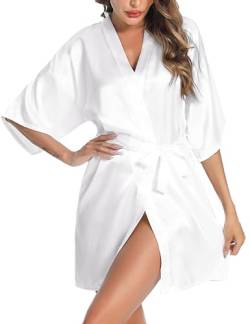 Litherday Bademantel Damen Sexy Morgenmantel Satin Kimono Kurz Nachthemd Nachtwäsche mit Sleepwear Robe mit Gürtel Einfarbiger Braut S-XXL,Weiß,XL von Litherday