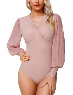 Litherday Damen Bodys Langarm Bodysuit für Damen Sexy Figurenformend Elegant Bodies Casual Langarmshirt Overall Blusenbody Top mit Durchsichtigen Laternenärmeln und V-Ausschnitt, Rosa, L von Litherday