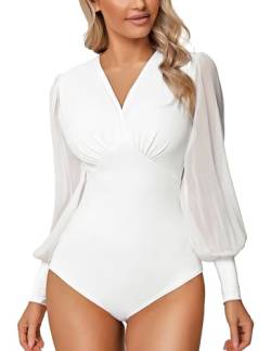 Litherday Damen Bodys Langarm Bodysuit für Damen Sexy Figurenformend Elegant Bodies Casual Langarmshirt Overall Blusenbody Top mit Durchsichtigen Laternenärmeln und V-Ausschnitt, Weiß, S von Litherday