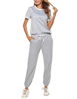 Litherday Jogginganzug Damen Kurz Freizeitanzug Baumwolle Sportswear zum Fitness Running Sportanzug Frauen Streifen Trainingsanzug mit Rundhals, grau, XL von Litherday