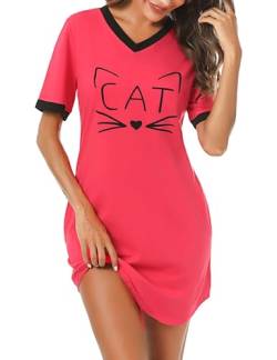 Litherday Nachthemd Damen Kurz Nachtwäsche Baumwolle Loungewear Katze Nachtkleid Negligee Kurze Sommer Ärmel Sleepshirt mit 2 Tasche, Rot, M von Litherday