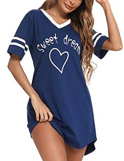 Litherday Nachthemd Damen Nachtwäsche Baumwolle Loungewear Nachtkleid Kurz Negligee Streifen Kurze Ärmel Sleepshirt Kurzarm V-Ausschnitt Sleepwear Bequeme Freizeitkleid, Marine, M von Litherday