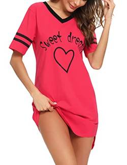 Litherday Nachthemd Damen Nachtwäsche Baumwolle Loungewear Nachtkleid Kurz Negligee Streifen Kurze Ärmel Sleepshirt Kurzarm V-Ausschnitt Sleepwear Bequeme Freizeitkleid, Rot, L von Litherday