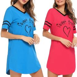 Litherday Nachthemd Damen Nachtwäsche Baumwolle Loungewear Nachtkleid Kurz Streifen Kurze Ärmel Sleepshirt Kurzarm V-Ausschnitt Sleepwear Zweierpack, Rot+blau, S von Litherday