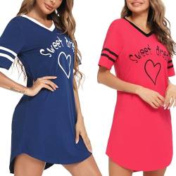 Litherday Nachthemd Damen Nachtwäsche Baumwolle Loungewear Nachtkleid Kurz Streifen Kurze Ärmel Sleepshirt Kurzarm V-Ausschnitt Sleepwear Zweierpack, Rot+dunkelblau, M von Litherday
