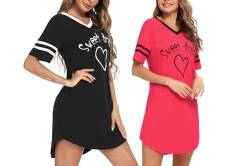 Litherday Nachthemd Damen Nachtwäsche Baumwolle Loungewear Nachtkleid Kurz Streifen Kurze Ärmel Sleepshirt Kurzarm V-Ausschnitt Sleepwear Zweierpack, Rot+schwarz, XL von Litherday