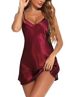 Litherday Negligee Damen Sexy Babydoll Kurz Satin Nachthemd V-Ausschnitt Nachtkleid Sommer Nachtwäsche Frau Sleepwear mit Verstellbare Träger, Weinrot, 3XL von Litherday