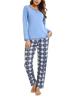 Litherday Pyjama Damen Lang Schlafanzug Kariert Nachtwäsche Winter Pyjama Set, Blau, XL von Litherday