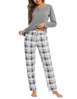 Litherday Pyjama Damen Lang Schlafanzug Kariert Nachtwäsche Winter Pyjama Set aus Baumwolle Zweiteiliger mit Taschen Rundhals Sleepwear für Herbst, Hellgrau, M von Litherday