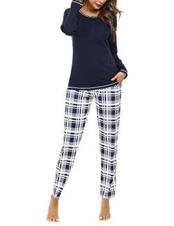 Litherday Pyjama Damen Lang Schlafanzug Kariert Nachtwäsche Winter Pyjama Set aus Baumwolle Zweiteiliger mit Taschen Rundhals Sleepwear für Herbst, Marine, L von Litherday