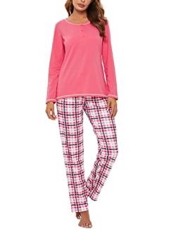 Litherday Pyjama Damen Lang Schlafanzug Kariert Nachtwäsche Winter Pyjama Set aus Baumwolle Zweiteiliger mit Taschen Rundhals Sleepwear für Herbst, Rosa, XL von Litherday