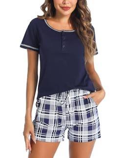 Litherday Schlafanzug Damen Kurz Pyjamas Set Baumwolle Zweiteiliger Kurzarm Pyjama Kariert Nachtwäsche Sleepwear für Sommer, Navy blau, XL von Litherday