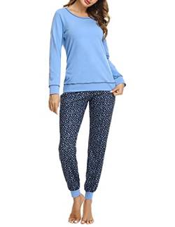 Litherday Schlafanzug Damen Pyjama Lang Baumwolle Nachtwäsche Winter Pyjama Set Star Zweiteiliger mit Rundhals Sleepwear, Blau, XL von Litherday