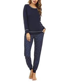 Litherday Schlafanzug Damen Pyjama Lang Baumwolle Nachtwäsche Winter Pyjama Set Star Zweiteiliger mit Rundhals Sleepwear, Dunkelblau, L von Litherday