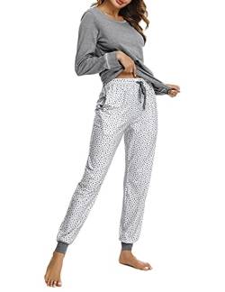 Litherday Schlafanzug Damen Pyjama Lang Baumwolle Nachtwäsche Winter Pyjama Set Star Zweiteiliger mit Rundhals Sleepwear, Hellgrau, M von Litherday