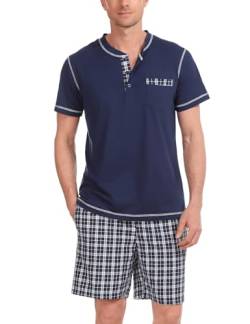 Litherday Schlafanzug Herren Kurz Pyjama Zweiteiliger Kurzarm Nachtwäsche aus 100% Baumwolle Pyjamas Set Sommer Sleepwear, Dunkelblau, L von Litherday