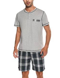 Litherday Schlafanzug Herren Kurz Pyjama Zweiteiliger Kurzarm Nachtwäsche aus 100% Baumwolle Pyjamas Set Sommer Sleepwear, Grau, L von Litherday