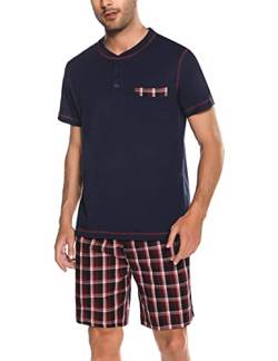 Litherday Schlafanzug Herren Kurz Pyjama Zweiteiliger Kurzarm Nachtwäsche aus 100% Baumwolle Pyjamas Set Sommer Sleepwear, Marine, L von Litherday