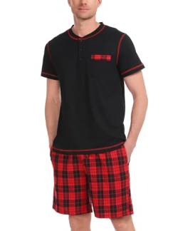 Litherday Schlafanzug Herren Kurz Pyjama Zweiteiliger Kurzarm Nachtwäsche aus 100% Baumwolle Pyjamas Set Sommer Sleepwear, Schwarz+Rot, L von Litherday