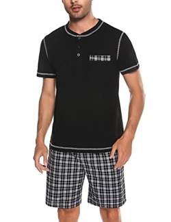 Litherday Schlafanzug Herren Kurz Pyjama Zweiteiliger Kurzarm Nachtwäsche aus 100% Baumwolle Pyjamas Set Sommer Sleepwear, Schwarz, XL von Litherday