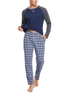 Litherday Schlafanzug Herren Lang Kariert Pyjamas Set mit Rundhals Nachtwäsche aus Baumwolle Winter Pyjama Zweiteiliger mit Taschen Sleepwear für Frühling Herbst, Marine, XXL von Litherday