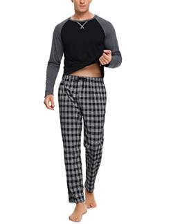 Litherday Schlafanzug Herren Lang Kariert Pyjamas Set mit Rundhals Nachtwäsche aus Baumwolle Winter Pyjama Zweiteiliger mit Taschen Sleepwear für Frühling Herbst, Schwarz, XL von Litherday