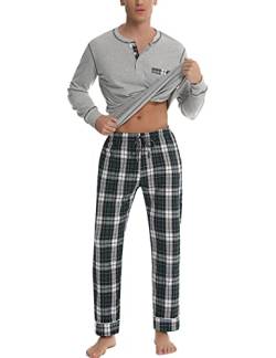 Litherday Schlafanzug Herren Lang Kariert Zweiteiliger Pyjamas Set mit Rundhals Nachtwäsche aus Baumwolle Winter Pyjama, Grau, L von Litherday