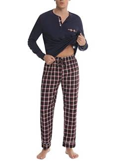 Litherday Schlafanzug Herren Lang Kariert Zweiteiliger Pyjamas Set mit Rundhals Nachtwäsche aus Baumwolle Winter Pyjama, Marine, L von Litherday