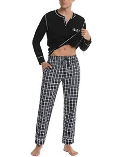 Litherday Schlafanzug Herren Lang Kariert Zweiteiliger Pyjamas Set mit Rundhals Nachtwäsche aus Baumwolle Winter Pyjama, Schwarz, M von Litherday