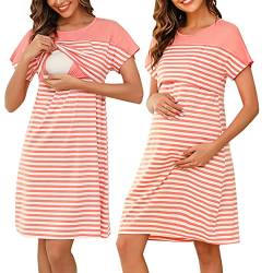 Litherday Stillnachthemd Damen Kurzarm Nachthemd Streifen Umstandskleid Nachtwäsche Baumwolle Nachtkleid Kurze Ärmel Rundhals Sleepwear für Schwangere oder Stillende, Rosa, S von Litherday