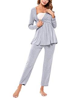 Litherday Stillpyjama Lang Umstandspyjama Langarm Zweifarbiger Baumwolle Stillzeit Nachtwäsche Stillfunktion Pyjama Set mit Elastischen Bundes und Tasche, Hellgrau, XL von Litherday