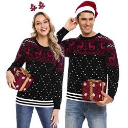 Litherday Weihnachtspullover Damen Strickpullover mit Rentiermuster Rundhals Strickpulli Lang Christmas Sweater Warme Pullover für Weihnachten Party im Winter, Schwarz, L von Litherday