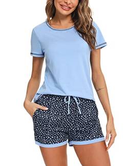 Schlafanzug Damen Kurz Pyjama Baumwolle Kurzarm Pyjamas Set Star Nachtwäsche Set Zweiteiliger mit Damen Pyjamahose und Shirt Rundhals Elastischer Bund Taschen Sleepwear für Sommer, Blau, XXL von Litherday