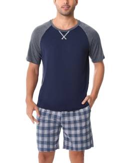 Schlafanzug Herren Kurz Pyjama Baumwolle Kurzarm Pyjamas Set Kariert Nachtwäsche Set Zweiteiliger mit Herren Pyjamahose und Shirt Rundhals Elastischer Bund Taschen Sleepwear für Sommer, Navy blau, XXL von Litherday