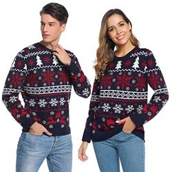 Weihnachtspullover Damen Christmas Sweater mit Rundhals Strickpulli Langarm Warme Strickpullover mit Rentiermuster Pullover für Weihnachten Party im Winter, Marine, S von Litherday