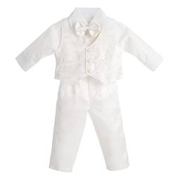 Lito Angels Baby Jungen 4 Teiliges Elfenbein Anzug Set mit Jacquard Weste und Taufhaube zur Taufe/Hochzeit, Taufkleidung Taufanzug Hochzeitsanzug, Größe 18-24 Monate 92 von Lito Angels