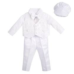 Lito Angels Baby Jungen 4 Teiliges Weißer Anzug Set mit Jacquard Weste und Taufhaube zur Taufe/Hochzeit, Taufkleidung Taufanzug Hochzeitsanzug, Größe 3-6 Monate 68 von Lito Angels