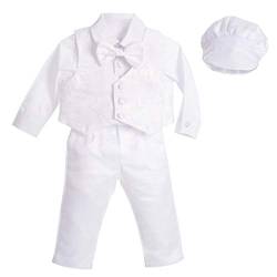 Lito Angels Baby Jungen Taufkleidung Taufanzug, 5 Teiliges Weißer Anzug mit Jacquard Weste und Taufhaube zur Taufe, Größe 18-24 Monate 92 von Lito Angels