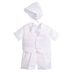 Lito Angels Baby Jungen Taufkleidung Taufe Anzug mit Taufhaube, 4 Teiliges Satin Taufanzug Weiß, Stickerei Kreuz Muster, Kurzarm, Größe 12-18 Monate 86 von Lito Angels