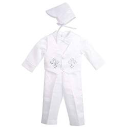 Lito Angels Baby Jungen Taufkleidung Taufe Anzug mit Taufhaube, 4 Teiliges Satin Taufanzug Weiß, Strass Kreuz Muster, Langarm, Größe 0-3 Monate 62 von Lito Angels