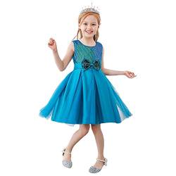 Lito Angels Blumenmädchen Elegantes Paillette Hochzeit Kleid Ballkleid Kurz mit Schleife für Kinder Mädchen Größe 9-10 Jahre 140, Meeresblau 428 von Lito Angels