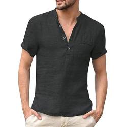 Herren Baumwolle Leinenhemd Sommerhemd Schwarz Henley Herren Hemd Kurzarm Regular Fit Freizeithemd Jungen Basic Freizeit Shirts von Litthing