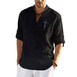 Herren Hemd Shirts Freizeithemd Leinenhemd Fischerhemd Langarm Baumwolle Regular Fit Sommerhemd mit Button-Down-Kragen für Männer (XL, Schwarz) von Litthing