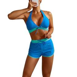 Litthing Bikini Damen Set Push Up High Waist Zweiteiliger Badeanzug Neckholder V Ausschnitt Bademode mit Hotpants Strandmode Swimsuit (as3, Alpha, l, Regular, Regular, Blau) von Litthing