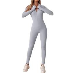 Litthing Damen Sport Jumpsuit Eng mit V-Ausschnitt Reißverschluss Yoga Overall Body Outfits Playsuit Langarm Bodycon Strampler Sportanzug Fitness Slim Jogginganzug von Litthing