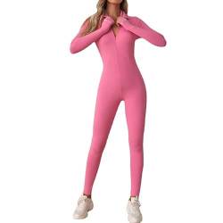 Litthing Damen Sport Jumpsuit Lang Eng Reißverschluss Bodysuit Yoga Sexy Bodycon Langarm Stretch Trainingsanzug V-Ausschnitt Sportanzug Gerippte Overall Workout Einteiliger Slim Jogginganzug von Litthing